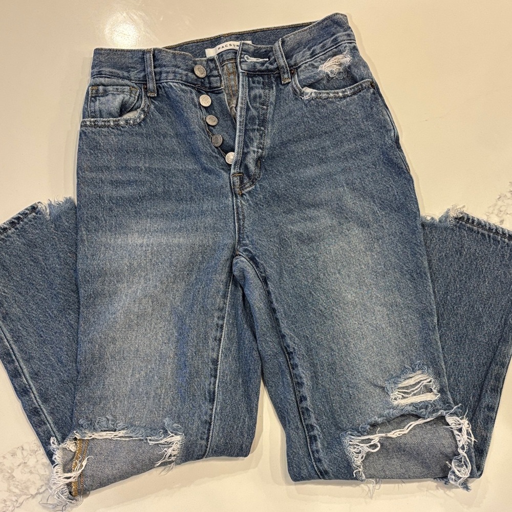 PacSun High Rise Straight Leg Jeans Distressed Raw Hem Size 23